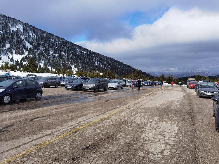 The parking lot of the ski resort