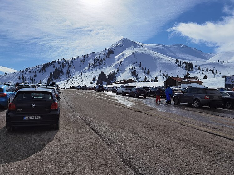 The parking lot of the ski resort